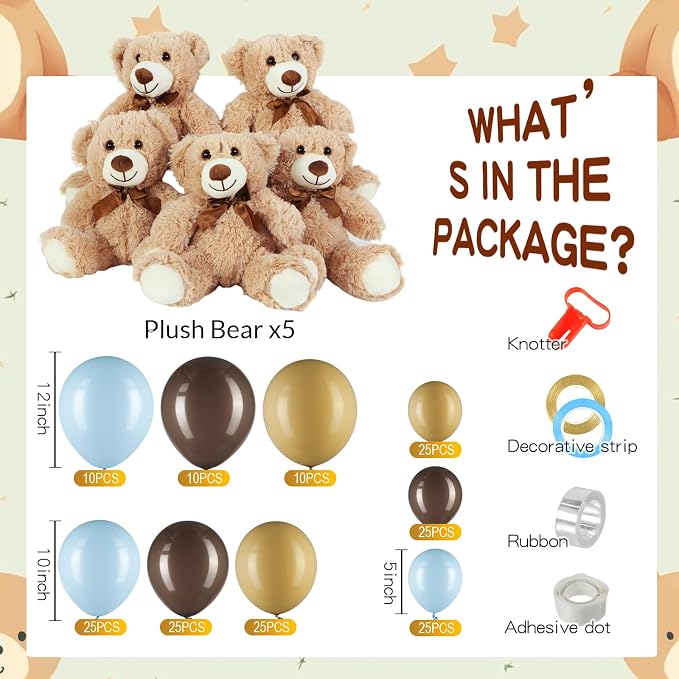 Meooeck 185 Pcs Bear Baby Shower Party Decorations Table Centerpieces 5 Pcs 13. 5'' Gender Reveal Bears 180 Balloons Kit Baby Shower Table Decor for Birthday Wedding(Brown, Nude, Blue)