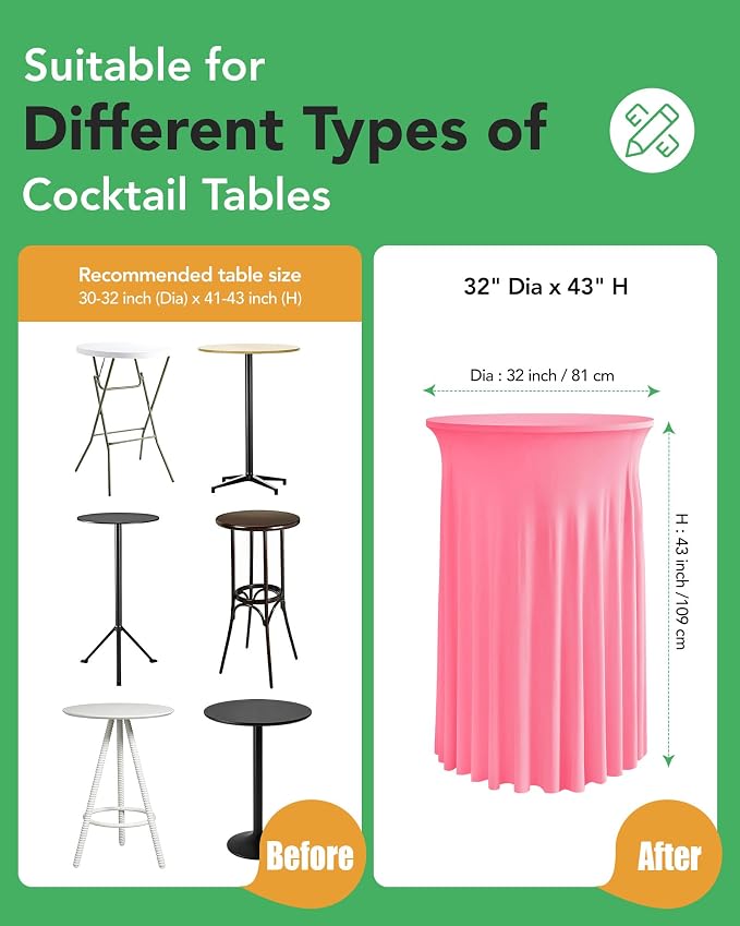 KeyWave Cocktail Table Tablecloth with Skirts - 32x43 Inch Wavy Spandex High Top Cocktail Table Covers, Ruffle Drape Highboy Tablecloth Reusable for Party Wedding Cake Standing Table, Pink, 6 Pack