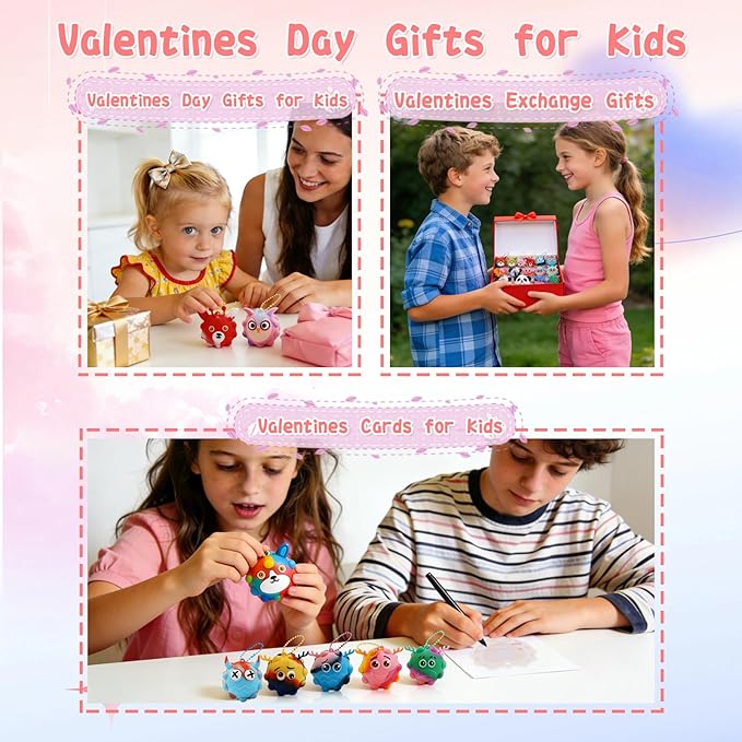 48Pack Valentine Day Gifts for Kids,Valentines Cards with Pop Fidget Toys Bulk 3D Stress Ball, Easter Basket Stuffers,Valentines Classroom Party Favors Exchange Gifts,Treat Prizes Activity for Class