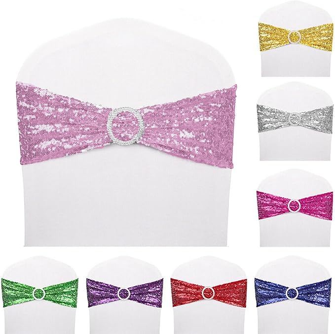 Dimatic 10 PCS Stretch Sequin Chair Sashes Chair Stretchy Spandex Bands for Wedding Reception Events Banquets Chairs Decoration (Purple)