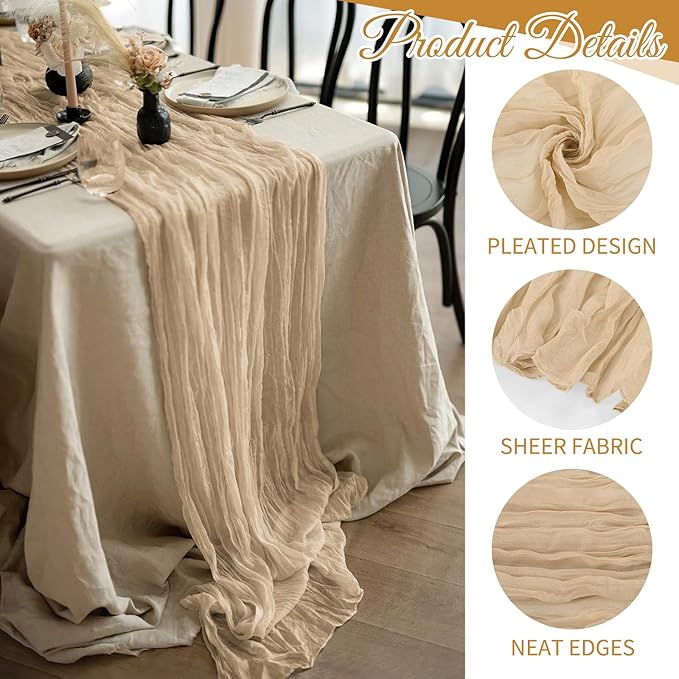 20 Pack Cheesecloth Table Runner - 17x108 Inch Beige Boho Gauze Cheese Cloth Table Runners for Baby Bridal Shower Decoration Wedding Party Summer Garden Farmhouse