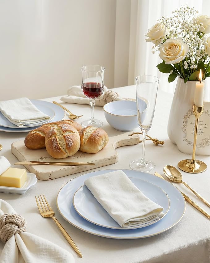 bUCLA 100PCS Light Blue Plastic Plates - Blue Disposable with Gold Rim - Include 50 Each (10 inch Dinner & 7 inch Dessert) Plates, Ideal for Party, Birthday & Spring