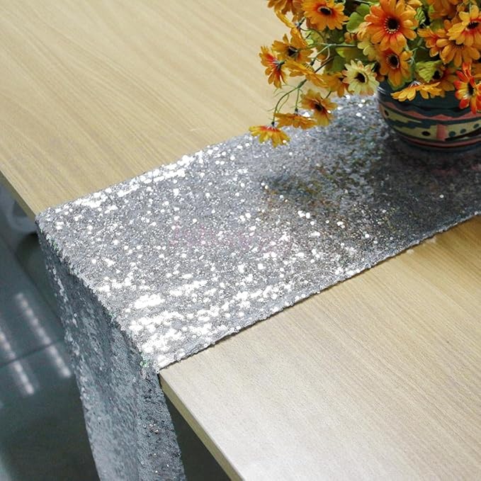 JYFLZQ Silver Sequin Table Runner 12"x108" Pack of 2 Glitter Sequin Fabric Table Linens - Sparkly Runners for Wedding & Birthday Party Decor