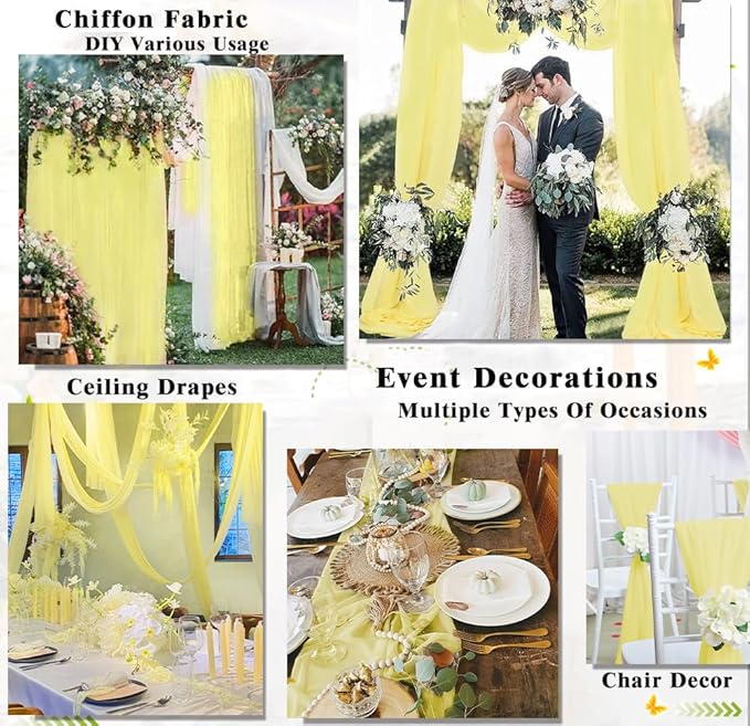 DUOBAO 59"Wide Chiffon Fabric Yellow Sheer Fabric 15 Feet Lightweight Fabric Yellow Fabric for Wedding Party Birthday （Yellow 5 Yards）