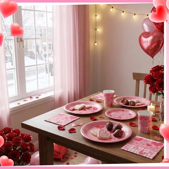 Jenaai 200 Pcs Valentine's Day Tableware Set Serve for 50 Guests Valentine's Day Party Supplies 9" Dinner Plates 7" Dessert Plates Paper Cups and Napkins Set for Dinnerware Tableware Disposable
