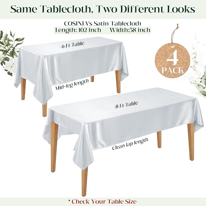 4 Pack Silver Satin Tablecloth 58 x 102 Inches, Rectangular Satin Table Cloths for Wedding Reception, Birthday Party, Graduation & Holiday Banquet Tables