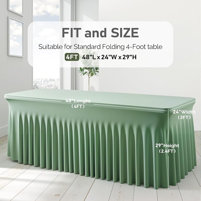 2 Packs Sage Green Spandex Tableclothes for 4 Foot Rectangle Tables, Wrinkle Free 4ft Fitted Table Cover Stretch Table Cloth Desk Skirt for Weddings Baby Shower Birthday Party Banquet Decorations