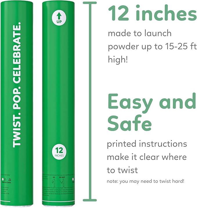 Green Powder Cannons Smoke Bombs Biodegradable Poppers | 2 Pack | Launch 25 ft Far | 12 inch | Decorations For Photoshoots, Gender Reveal, Celebrations, Festivals, and Parties | TUR Party Supplies