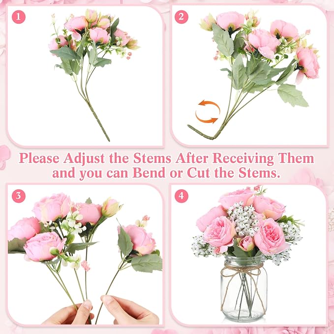 Zeyune 6 Sets Mason Jar Centerpiece Table Decorations, Artificial Peony Baby's Breath Flower Bouquets, Faux Flowers with Vase, Rustic Decor Gifts for Home, Wedding, Holiday (Coral Pink)