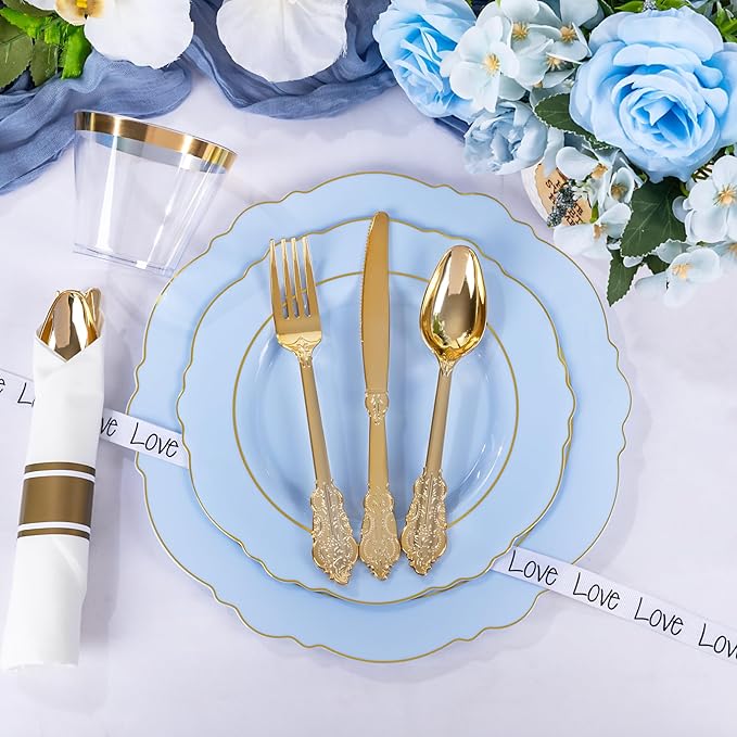 Liacere 175PCS Bule Plastic Plates - Disposable Ligh Bule and Gold Plates - Baroque Plastic Dinnerware 50Plates, 25Pack Pre Rolled Napkins with Silverware 25Cups for Baby Shower Party & Wedding