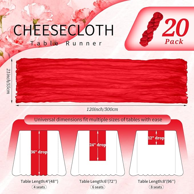 20 Pack Red Cheesecloth Table Runner 10FT Boho Gauze Cheese Cloth Table Runners Romantic Rustic Sheer Table Decorations for Wedding Party Baby Shower Birthday Holiday Home