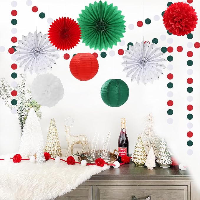 Red-Green White Christmas Party-Decorations - 33pcs Banner,Mexico Italy Streamers Tassel Garland,Tissue Pom Poms Honeycomb,Paper Lantern Fans,Mexican Italian Birthday Wedding Baby Shower Decor Hugtmr