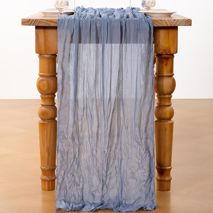 DeZerlor Dusty Blue Cheesecloth Table Runner Spring Easter Table Runner Boho Gauze 120 Inches Blue Table Decor for Wedding Bridal Baby Shower Parties