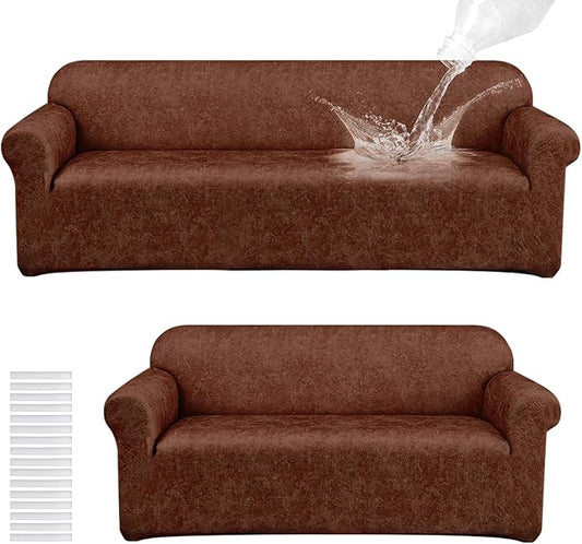 Peryiter 2 Pcs Sofa Covers Couch and Loveseat Covers Set Stretch Sofa Slipcover for Living Room Armchair Furniture Protector, Wrinkle Proof(Dark Brown,Tech Cloth)