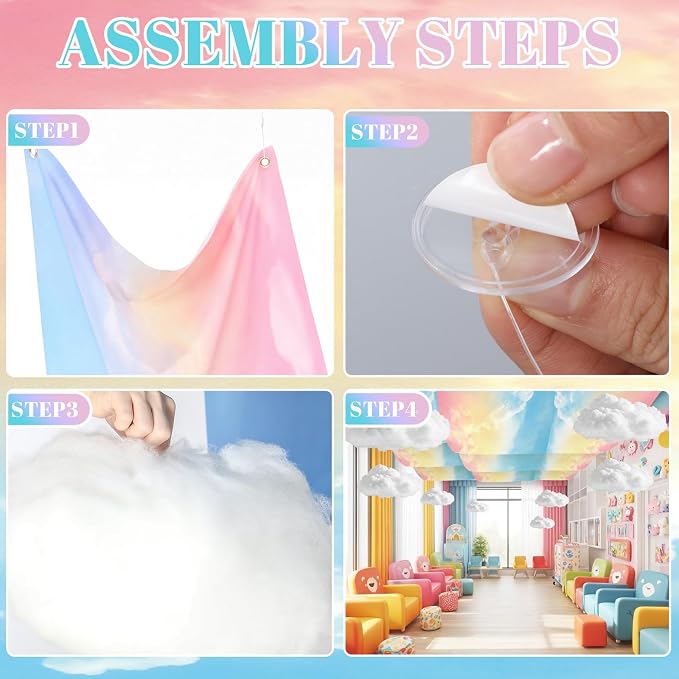 9 Pcs Pastel Sky White Cloud Ceiling Decor Include 12 x 2 ft Fluorescent Light Covers 6 Packs Imitation Artificial 3D Cloud Props DIY Hanging Ornament for Classroom Daycare Nursery Party Decorations