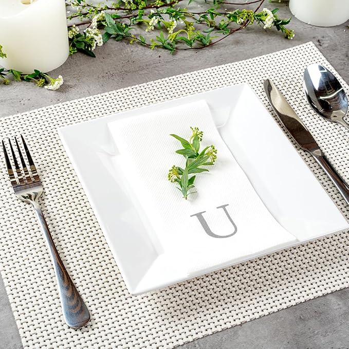 Luxenap 15.8 X 7.9 Inch Linen-Feel Guest Towels, 50 Lettered Hand Towels - Silver Letter 'U', Sans Serif Font, White Paper Dinner Napkins, airlaid, For Restrooms And Tables - Restaurantware
