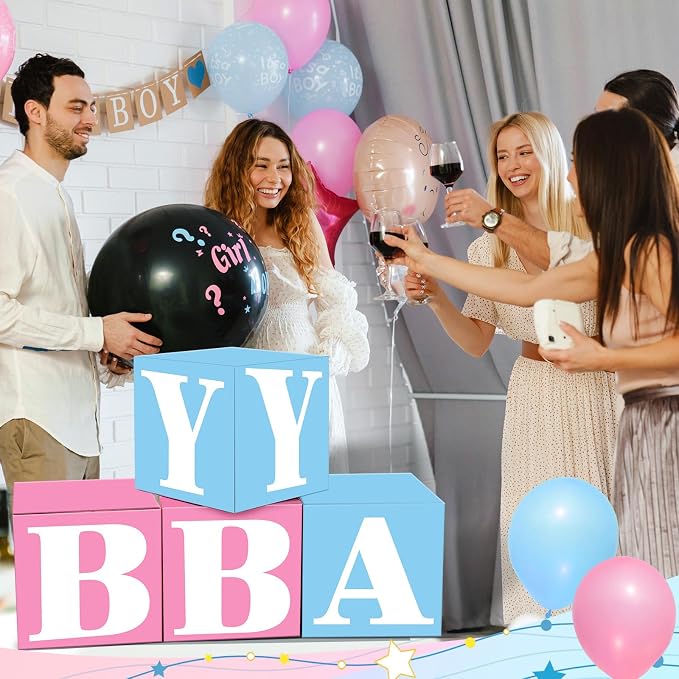 AmazingSpark 4 Pcs Gender Reveal Decorations Baby Boxes with Letters Baby Gender Reveal Pink and Blue Box Decor with Letters B A B Y Blocks Design for Party Backdrop