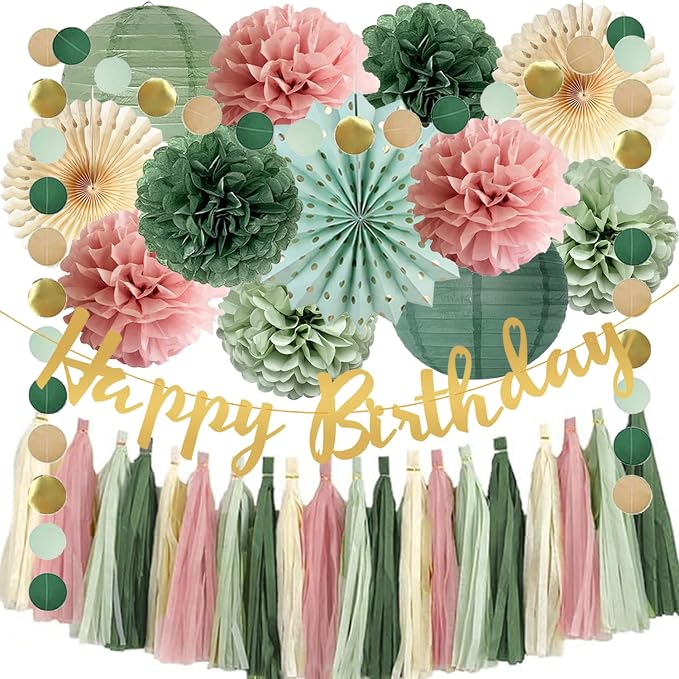 Sage Green and Pink Happy Birthday Party Decorations Dusty Pink Sage Green Tissue Pom Poms Paper Lanterns Beige Paper Fans Tassel Garlands for Women Girls Birthday Baby Shower Decoration
