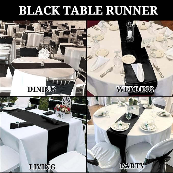 Pesonlook 15 Pack Black Satin Table Runners 12 x 108 Inch Long Table Runners for Rectangle Round Tables,Smooth Satin Table Runner for Wedding,Birthday Party Banquets Graduation Engagements Decoration