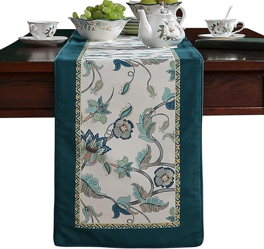 patdrea Designer Elegant French Floral Velvet Table Runner, Teal with Blossoms Pattern Table Mat, Decoration for Kitchen Dining Coffee Table Shelf Cabinet Banquet Thanksgiving,12"*102"