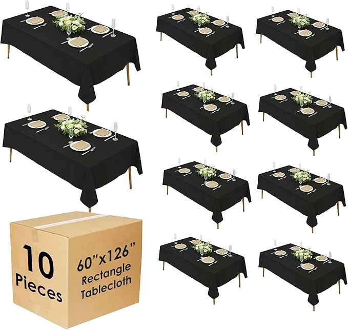 10 Pack 60 x 126 Inch Black Rectangle Tablecloth, Polyester Fabric Washable Table Cloth for Home, Party, Wedding or Restaurant Use