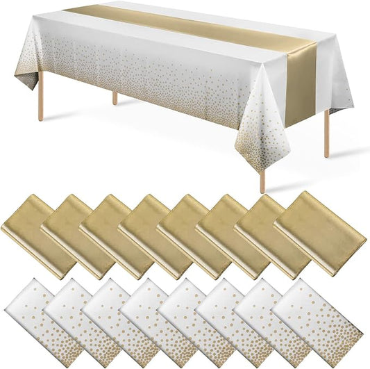 16Pack Disposable Plastic Tablecloths and Satin Table Runner Set White and Gold Dot Tablecloth Gold Satin Table Runner for Wedding Birthday Baby Shower Anniversary Christmas New Year Party Decorations