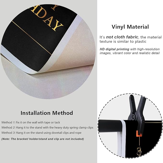 YongFoto Happy Birthday Backdrop 10x8ft Royal Black Gold Nordic Style Photography Background Kids Adult Birthday Party Cake Table Banner Decorations Photoshoot Portraits Photo Studio Booth Props