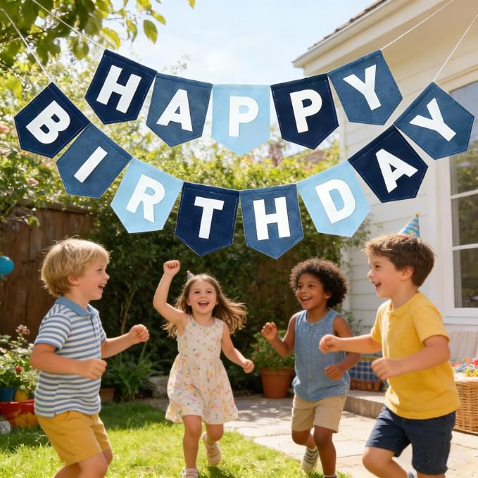 Navy Blue 1st Birthday Decorations for Boy -high chair banner first birthday boy Felt Happy Birthday Banner，birthday cake topper & Crown Hat,All-in-one First Birthday Decor Kit for Baby Boy
