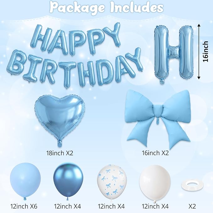 Blue Bow Birthday Decorations Pastel Baby Light Blue Metallic White Bows Print Party Balloon Happy Birthday Banner 38 In Coquette Foil Balloons Heart Balloon for Men Boys Bday Party Supplies