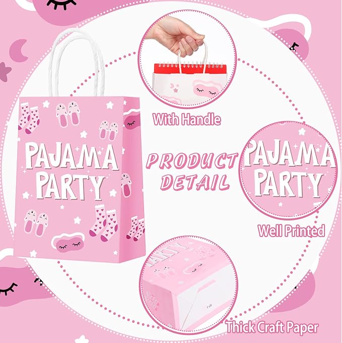 Outus 24 Pcs Sleepover Party Paper Bags Pink Slumber Glamper Pajama Favor Bags with Handle for Birthday Sleepover Breast Cancer Awareness Party Favors