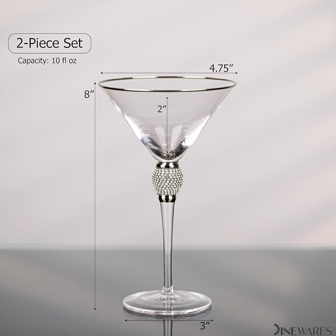 2 Piece Premium Clear Stem Crystal Martini Glasses with Silver Rim and Diamond-like Rhinestones, Elegant 10oz Glassware Set for Cosmopolitan, Vodka, Gin and Other Cocktails, Fancy Manhattan Drinkware