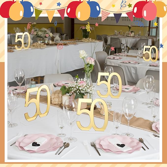 Threehoney 6 Pcs Mirror Gold 50th Birthday Decorations for Men and Women Acrylic Anniversary Decorations Table Numbers Centerpieces for Birthday Party