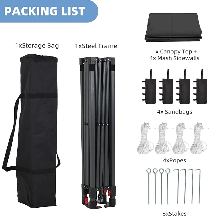 GDY 10x10 Pop up Canopy Tent with Mosquito Netting, Easy up Gazebo for Patio, Camping and Garden, Includes 4 Sandbags, Black