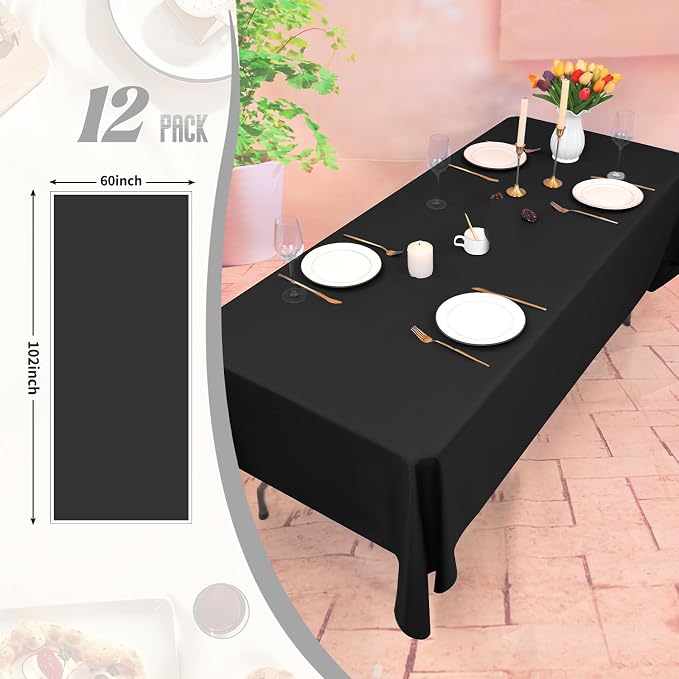 12 Pack Black Tablecloth 60x102 Inch Rectangular Table Cover | Wrinkle Resistant, Machine Washable Reusable, Wedding, Banquet, Restaurant, Party, Baby Shower,Indoor Outdoor Events