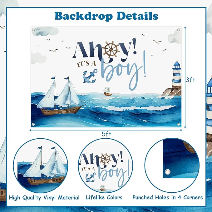 Ahoy Its A Boy Baby Shower Decorations Ahoy It's A Boy Backdrop Banner Nautical Baby Shower Cake Topper Ocean Navy Theme Party Sailor Birthday Ocean Sailing Sailboat Lighthouse Decor
