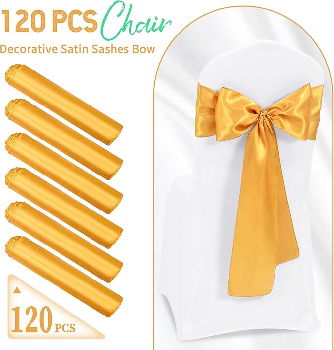 120 PCS Gold Satin Chair Sashes, Ties Bows Designed Chairs Decorative, Chair Cover Sashes for Thanksgiving Wedding Christmas Banquet Party Home Kitchen Decoration (7 x 108 inch)