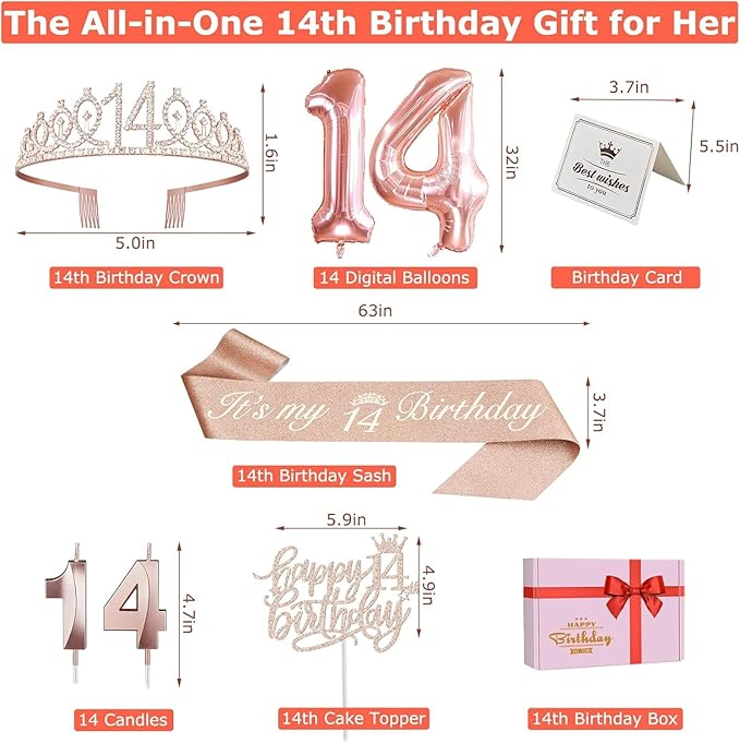 14th Birthday Decorations for Girls with 14th Birthday Sash and Tiara, Cake Topper and Candles, Number Balloons, Greeting Card, 14 Year Old Gifts for Girls