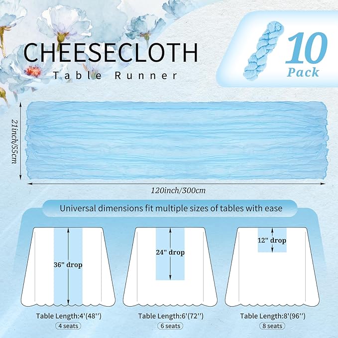 10 Pack Baby Blue Cheesecloth Table Runner 10FT Light Blue Boho Gauze Cheese Cloth Table Runners Romantic Rustic Sheer Table Decorations for Wedding Party Baby Shower Birthday Holiday Home