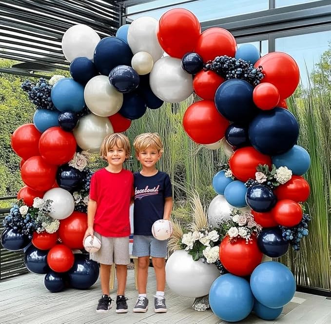 Navy Blue Red White Balloon Arch, Double Stuffed Royal Blue Red Pearl White Sand Balloon Garland Kit for Birthday Graduation Baby Shower Patriotic Nautical Baseball 4th of July Party Decor