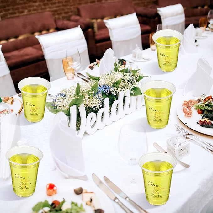 100 Pcs Plastic Wedding Cups 16 oz Cheers to Love Wedding Reception Cups Bulk Disposable Clear Plastic Drinking Glasses for Bridal Shower Engagement Bachelorette Party Supplies