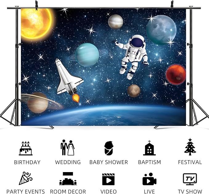 8x6ft Space Galaxy Backdrop Astronaut Planets Stars Universe Sci Fi Theme Photography Background Boys Girls Kids Birthday Banner Decorations Newborn Baby Shower Portrait Photo Booth Prop