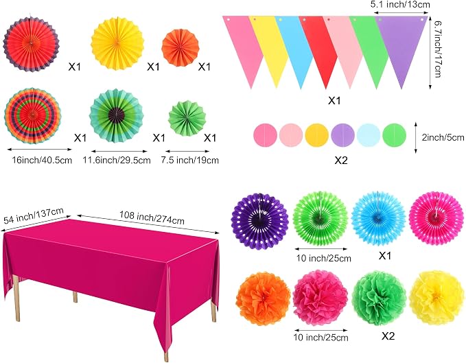 Fullhawl 27 Pcs Mexican Party Decoration, 6 Pack Disposable Tablecloth 21 Pcs Hanging Paper Fans, Pom Poms Flowers, Garland String Polka Dot and Triangle Flag Set for Rainbow Birthday Fiesta Party