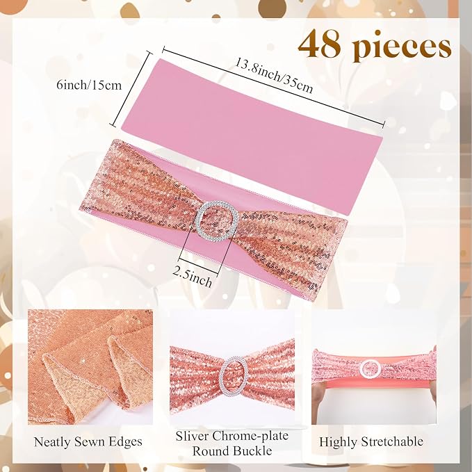 Newwiee 54 Pcs Rose Gold Sequin Chair Sashes and Table Runners, 48 Sequin Chair Bows, 6 Glitter Table Runners for Birthday Party Wedding Banquet Holiday Decorations