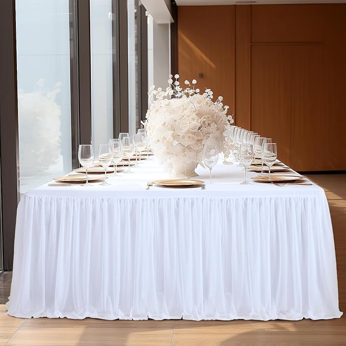 2-in-1 White Tablecloths with Tulle Table Skirt for 8 Foot Rectangle Tables, Party Ruffle Tutu Table Skirt Stretch Fitted Covers for Wedding Reception Birthday Baby Shower Celebration Banquet Event