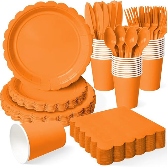 Vyntra 350 Pcs Orange Disposable Paper Plates and Napkins Set for 50, 9" Dinner Plates & 7" Dessert Plates, Tableware for Halloween, Fall Party, Birthday, Picnic