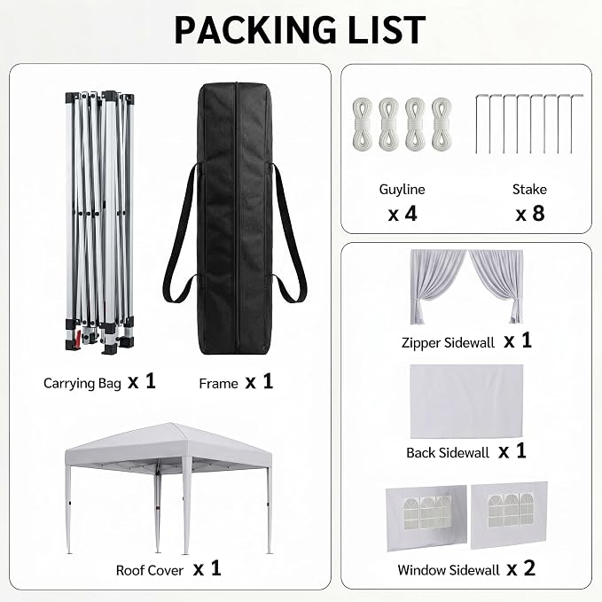 KIGOTY 10x10 FT Portable Pop Up Canopy Tent, Adjustable Height Instant Gazebo with Sidewalls, One-Push Setup Outdoor Canopy for Camping, Parties, Vendor Events (White, 3m × 3m)