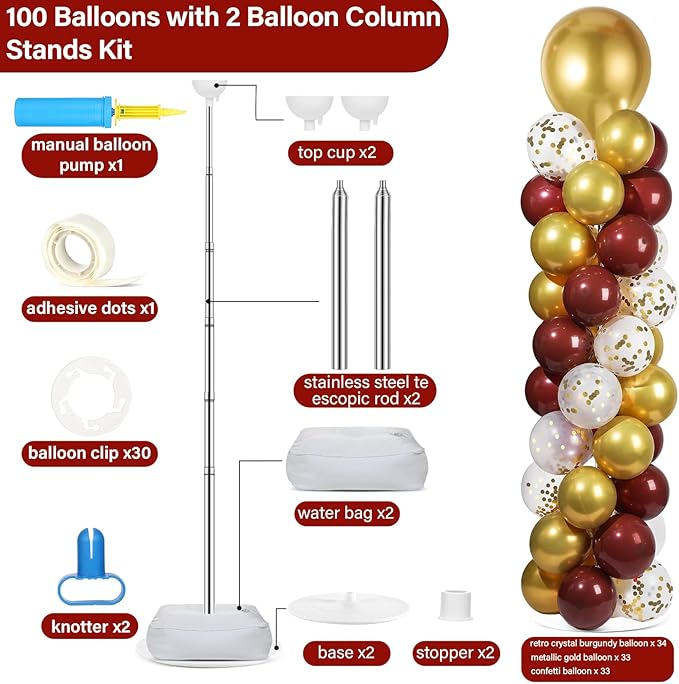 2 Sets Red and Gold Balloon Column Stand Kit with 100 Balloons Adjustable Balloon Tower Stand with Bases for Floor Confetti Balloon Column Kit for Bridal Graduation Birthday Appreciation Party Decor