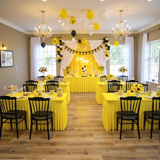 4 Pack Yellow Spandex Tablecloths for 6 Foot Rectangle Tables, Wrinkle Free Lemon Fitted Tablecover 6ft Stretchy Table Clothes Desk Skirt for Weddings Birthday Party Banquet Baby Shower