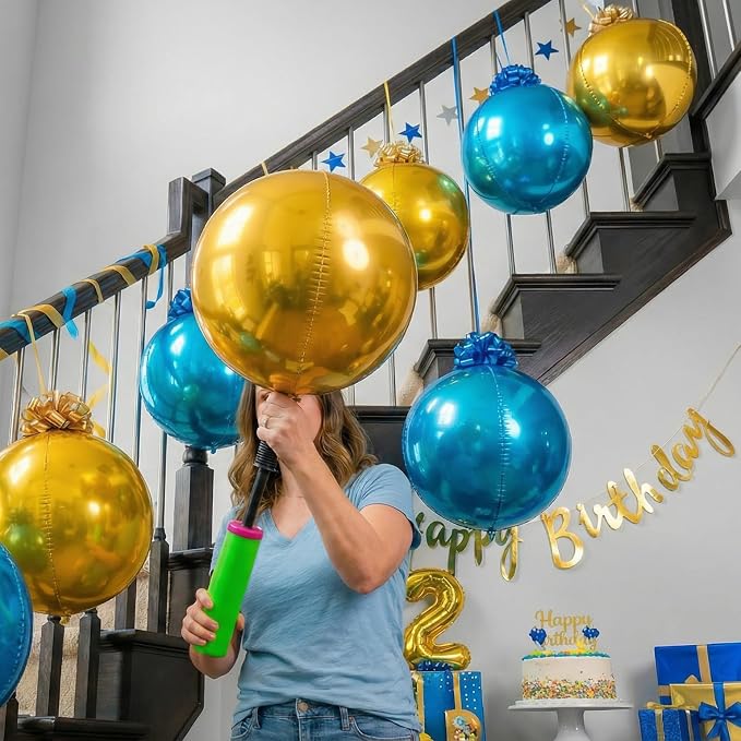 6 Pack Royal Blue and Gold 4D Orb Balloons - 22 Inch Large Metallic Sphere Mylar Balloons with Pull Bows, Hanging Ceiling Decorations for 2026 Graduation, Father's Day, Men's Birthday Party