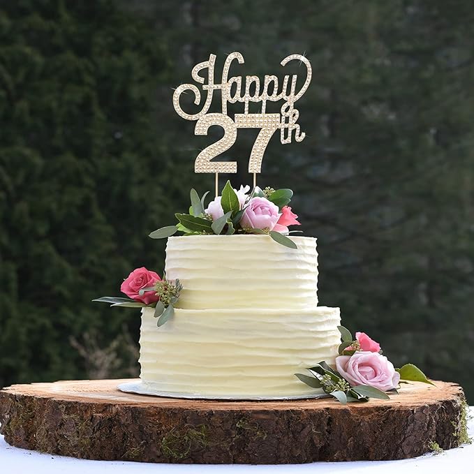 LINGTEER Happy 27th Birthday Gold Rhinestone Cake Topper - Cheers to 27th Birthday 27 Years Old Anniversary Party Cake Centerpieces Topper Decorations Gift Sign.